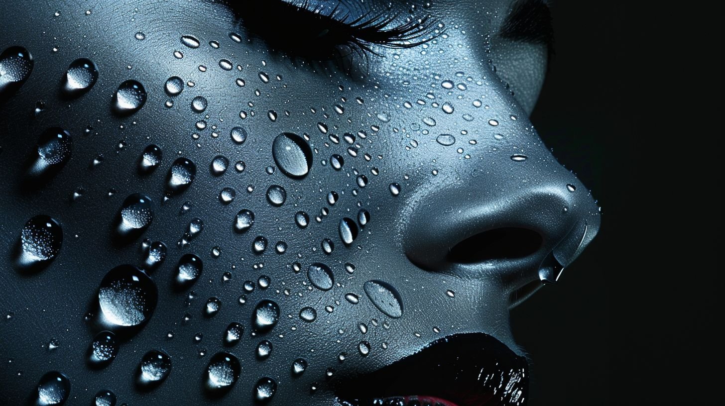 Prompt: a woman with silver hair and makeup is shown in this artistic photo of water droplets on her face, Dirk Crabeth, psychedelic art, iris van herpen