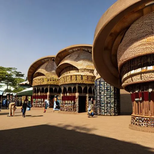 Prompt: Modernised african market inspired by Congolese architecture with precolonial congolese art inspiration and Congolese minerals, volumetric natural light, ultra realistic, vray,  hd