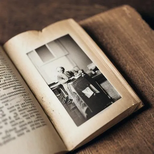 Prompt: An old book sitting on a table with a torn picture photograph inside