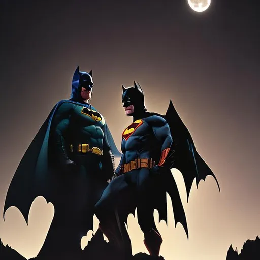 Prompt: 
una fotografía de película profesional de, batman y robin por alex ross ..batman parado y superman en cuclillas..el fondo es oscuro y con luz de luna, foto de enfoque nítido, uhd, hdr, gradación de color profesional, perfectamente sombreado, foto analógica, alta calidad, alta resolución, mejora de detalles, 8k, escaneo de alta resolución (foto de nikon d800, lente zeiss de 50 mm), foco