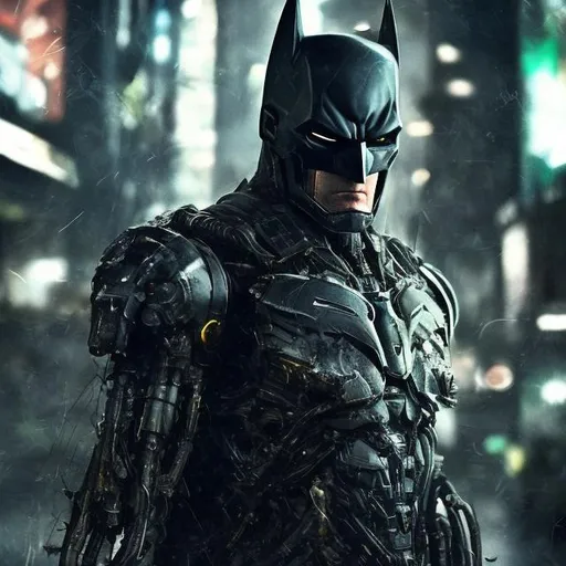 Prompt: Very dark black, gold and green evil distant future bionic enhanced batman. Super soldier. Damaged helmet. Accurate. realistic. evil eyes. Slow exposure. Detailed. Dirty. Dark and gritty. Post-apocalyptic Neo Tokyo. Futuristic. Shadows. Sinister. Armed. Fanatic. Intense. 