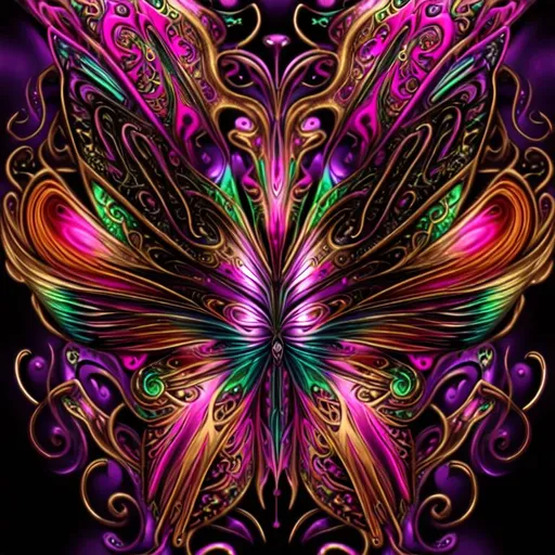 Prompt: beautiful freeform colorful chaos epic bold, 3D, HD, {one}({liquid metal {Celtic}butterfly} with {purple gold pink green red silver blood}ink), expansive psychedelic background --s99500