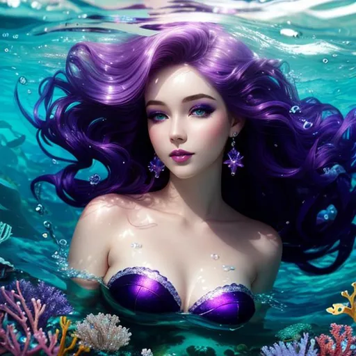 Prompt: a beautiful mermaid with pale skin and purple hair,eyes and lips  swimming under the sea,  4k,  facial closeup



