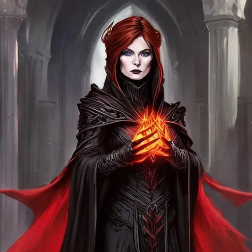 Prompt: A female warlock with long auburn hair wearing a black cowl and robes of red and black.