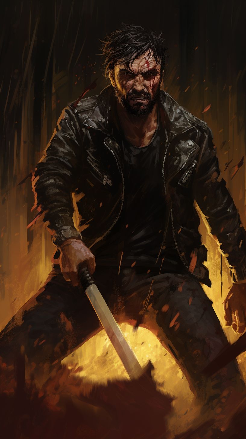 Prompt: neegan from the walking dead, short black hair, black leather jacket, swinging a bloody baseball bat with barb wire wrapped around it, at a man on his knees, hes short fat with black hair and a black beard, infront of a falling down house, realistic, zombie horror --ar 9:16