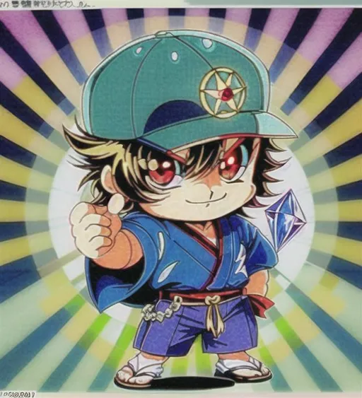 Prompt: cool, character boy mascot, chibi, holding faceted gemstone advertisement, scan lines, retro, tokyo, 80s Illuminati, eye, symmetrical face,