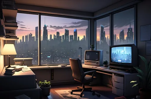Prompt: "A small, modern apartment with a large window overlooking the futuristic skyline of Nightfall City. The room has dim lighting, a cluttered desk with scattered notes, and a TV screen showing news about recent crime incidents. The atmosphere feels tense and mysterious."
