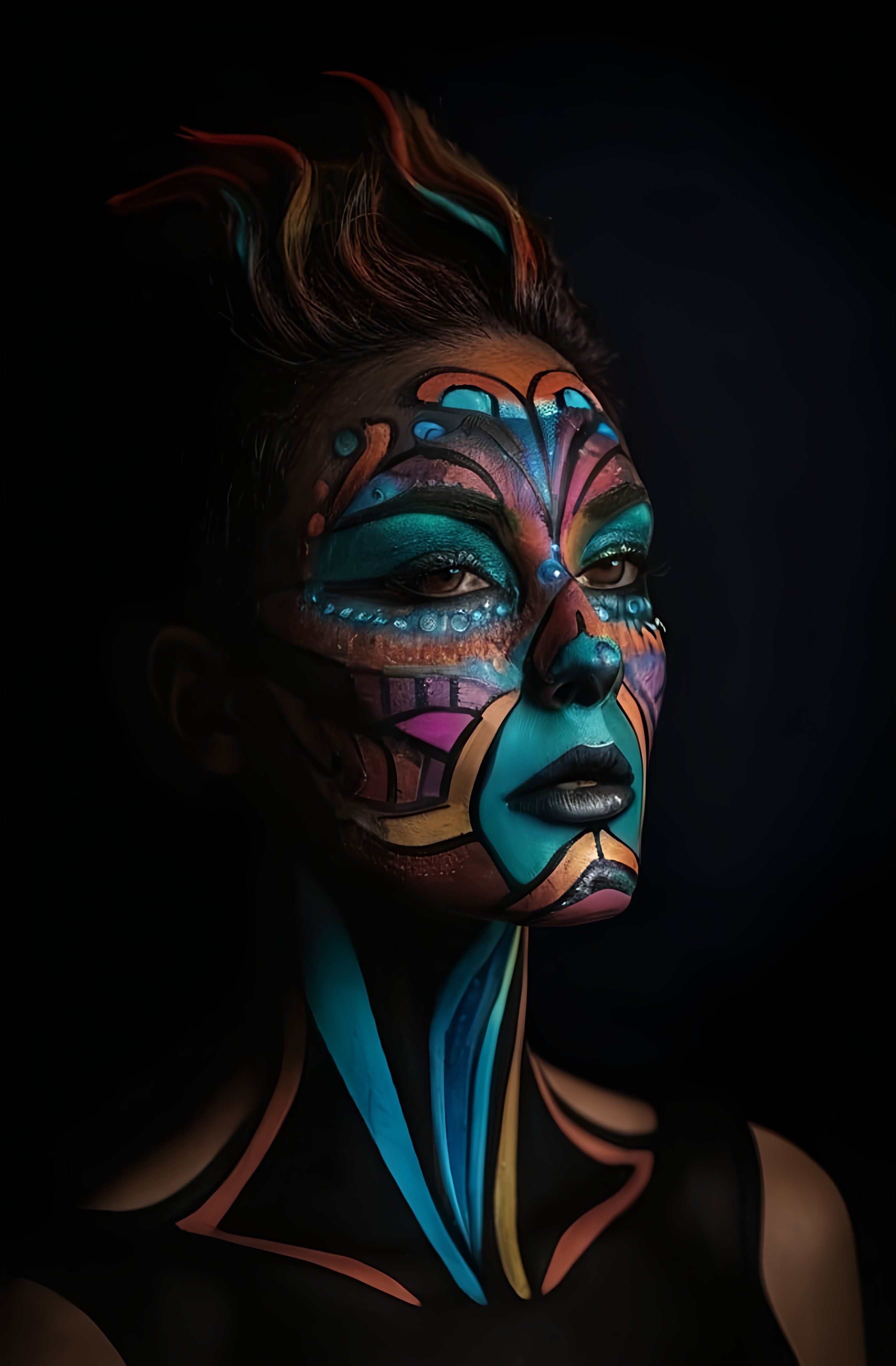 Prompt: a woman with face paint and a black background is shown in the image of a woman with colorful makeup, neo-fauvism, behance hd