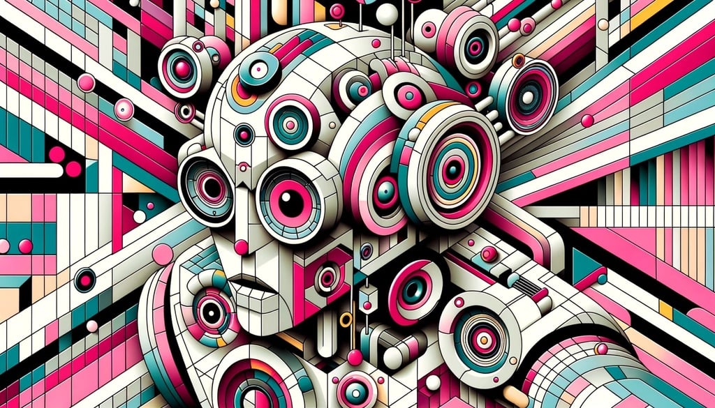 Prompt: the artist creates digital art pieces using geometry, patterns and colors, in the style of futuristic robots, pop art flat colors, light white and dark pink, hyper-realistic details, retro filters, vivid color blocks, whimsical cyborgs