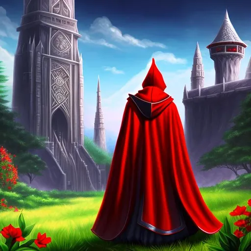 Prompt: Red hooded wizard with white robes and dark grey skin. a garden with a tower behind him drawn in a 70s fantasy art style