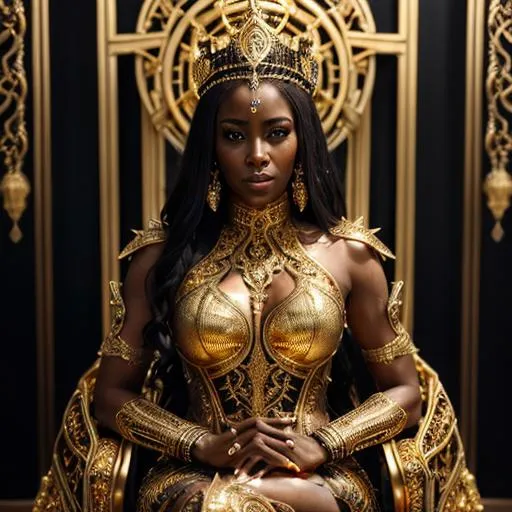 Prompt: full body portrait, stunning cybernetic black goddess, golden filigree intricate details, symmetrical face, piercing golden large eyes, vivid golden lips, very dark skin, realistic skin, sepia and gold shimmer, intricate golden and silver long armour dress and intricate details jeweled crown, sitting on an intricate metal throne by Sherry Akrami, Shane Black, by Carne Griffiths, delicate detail, painstaking attention to detail, extremely detailed, hyperrealistic, high definition, hdr, photorealistic, award winning, exquisite craftsmanship, 8k, masterpiece, crisp quality, highly detailed, 4k, ultra realistic, dreamlike, fabulous, overwhelming, wonderful, amazing, breathtaking, charming, very stylish, lovely, appealing, fascinating, dreamy, astonishing, polished, gorgeous, splendid,  delightful, graceful, mesmeric, captivating, very pretty, eye-catching, very refined, divine, trendy, magnificent, perfect face