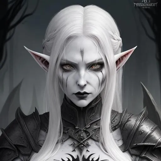 Prompt: Character illustration of a sinister female elf revenant looking for vengeance. She has a beautiful face. Her features are gaunt and sunken with hollow cheeks. She looks starved. She is pale and pallid with a deathly pallor. Her hair is white. Her ornate heavy armour is silver but looks ancient and weathered. Fantasy art with a gothic horror style. Surrounded by shadows, gloom, and ghosts. She looks mysterious and sinister. Ultra high definition image. HD. Professional art. 
