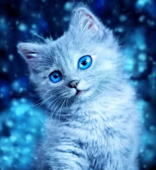 Prompt: a blue tinted fur kitten with icey eyes and snow like fur sitting on ice and it is snowing and the kitten is possing the power of winter