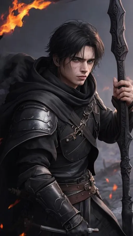 Prompt: A battered and raged Caucasian male with short black hair, a black cloak with leather armor, baggy pants and a spear surrounded with floating purple fire. He has an emotionless face. He is leaning on his spear in the middle of a burning village as ash and glowing crimson sparks fall gently from the grey sky. behance HD,