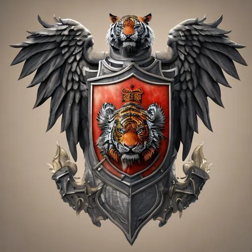 Prompt: medieval Coat of arms two headed tiger flat full body with angel wings  family crest  flying city in a soviet and techno punk computerware stile ultra realistic 3d unreal engine 5