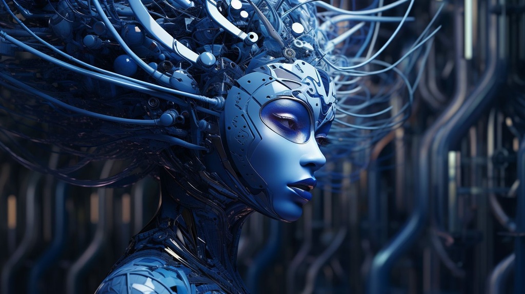 Prompt: art & design|abstract art|abstract art wall art|abstracts wall art | computer desktop wallpapers | photo wallpapers | 3d, in the style of whimsical cyborgs, realistic hyper-detailed portraits, dark silver and indigo, afrofuturism, human connections, strong facial expression, realistic hyper-detailed rendering