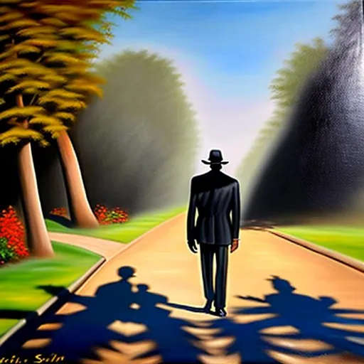 Prompt: Oil painting of a man walking down a road. his shadow has come alive and is walking with him. Smooth lighting 