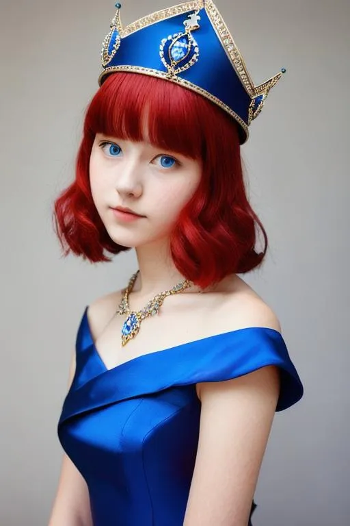 Prompt: Girl 17yo, Queen blue dress, Queen crown, red hair,