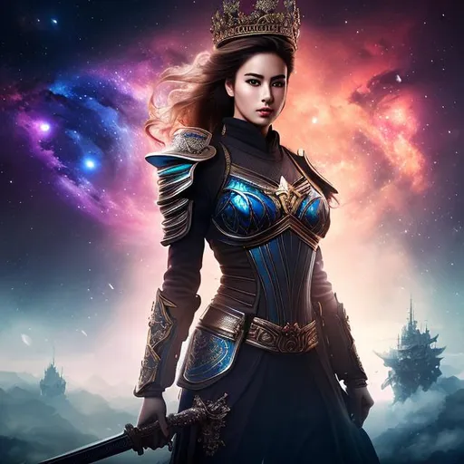 Prompt: create a photograph of beautiful fictional female soldier with sword in hand and crown in head, extremely, detailed environment, nebulae in sky highly detailed, detailed background, intricate, detailed skin, natural colors , professionally color graded, photorealism, 8k, moody lighting


