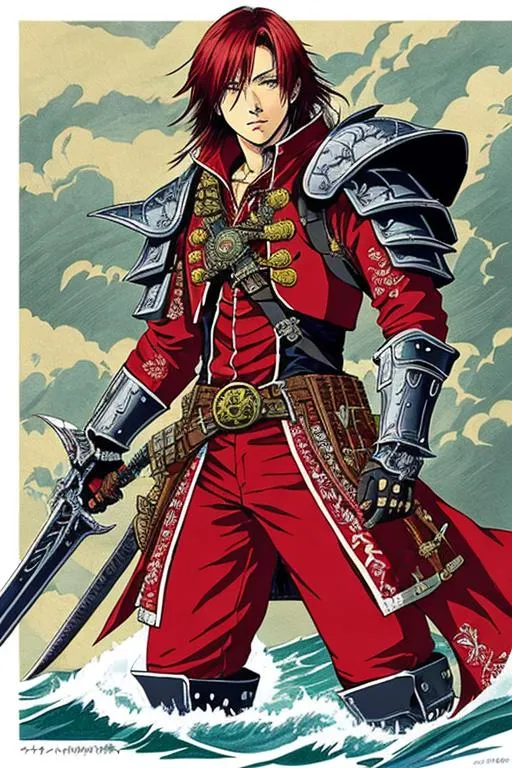 Prompt: Sticker art, high-quality high-detail highly-detailed breathtaking hero, ((Hiromu Arakawa art))Feared  Pirate king, Drako Malfoy, male, futuristic pirate mech lord, king of all the pirates, short dark hair, pirate armour, sea world setting, has highly detailed armoured body, detailed carbon fibre pirate amour, wearing black and red futuristic mech pirate armor, highly detailed face, full form, epic, 8k HD, ice, sharp focus, ultra realistic clarity. Hyper realistic, Detailed face, portrait, realistic, close to perfection, more black in the armour, 
wearing blue and black armour, wearing carbon black cloak with red, full body, high quality cell shaded illustration, ((full body)), dynamic pose, perfect anatomy, centered, freedom, soul, Black short hair, approach to perfection, cell shading, 8k , cinematic dramatic atmosphere, watercolor painting, global illumination, detailed and intricate environment, artstation, concept art, fluid and sharp focus, volumetric lighting, cinematic lighting, 
