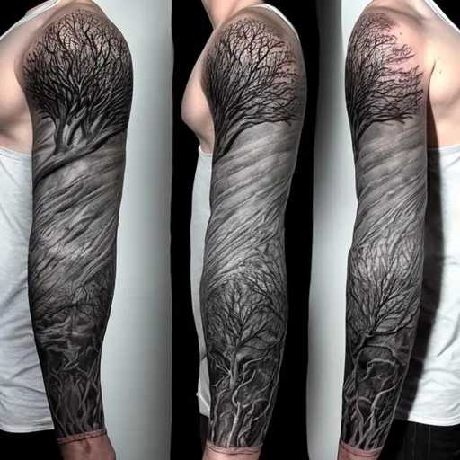 Monochromatic Arm Tattoo with Nature Elements Wild Flowers Trees Birds  Feather and Moon | MUSE AI