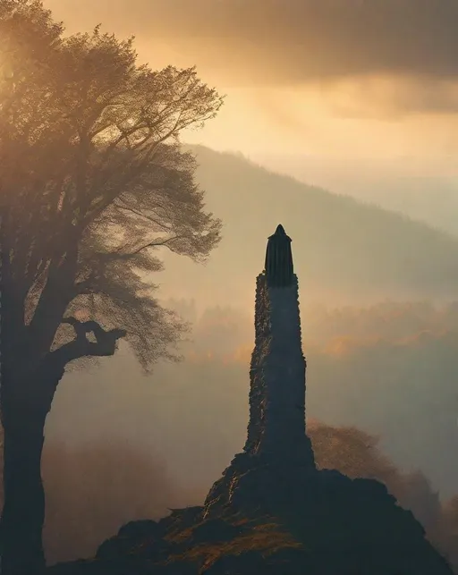 Prompt: A lone cloaked figure stands at the peak of a crumbling stone tower overlooking misty hills and old forests. Shot at golden hour with a telephoto lens for dramatic lighting. Fantasy, mystical, ancient.