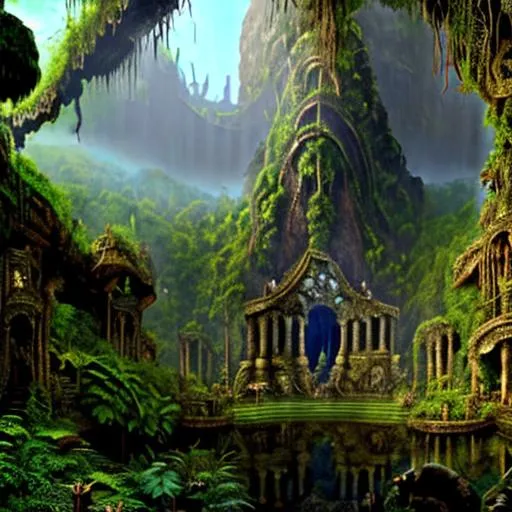 Prompt: Scenary of film Indiana Jones The Temple of Perdition, videogame Spelunky, jungle
 hyperrealistic, photorealistic, ultra-detailed, intricate details, unreal engine, octane render, bioma of scarped mountain, cavern in the montain   and amazing forest,rocks and gigant green fern, lake , 4k. A vine covered tutor in the style of alexander jansson and gediminas pranckevicius mystical, magical, bloosom, volumetric lighting.