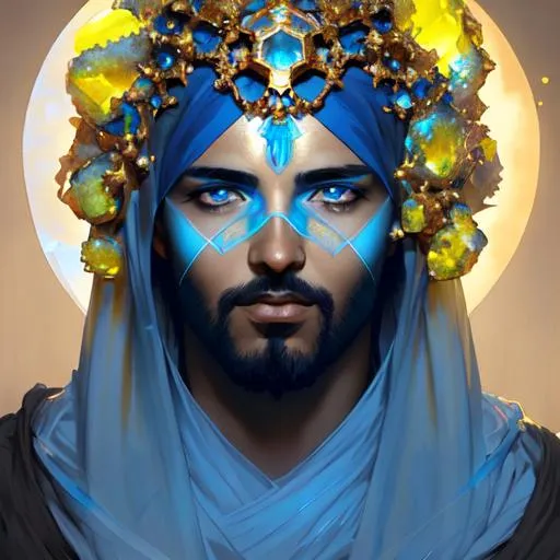 Prompt: an Arab man in yelow crystal geode,  eyes made of blue crystals, by artgerm, alessio albi, fabian perez, pino daeni, karol bak, cushart, wlop, craig mullins, peter mohrbacher, daniel f gerhartz, malcolm liepke