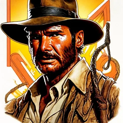 Prompt: indiana jones with a thick mustache holding a whip played by harrison ford with a thick mustache.
