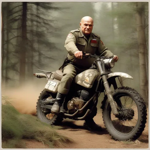 Prompt: Colonel Walter Kurtz riding a big trail motorcycle. realistic photography