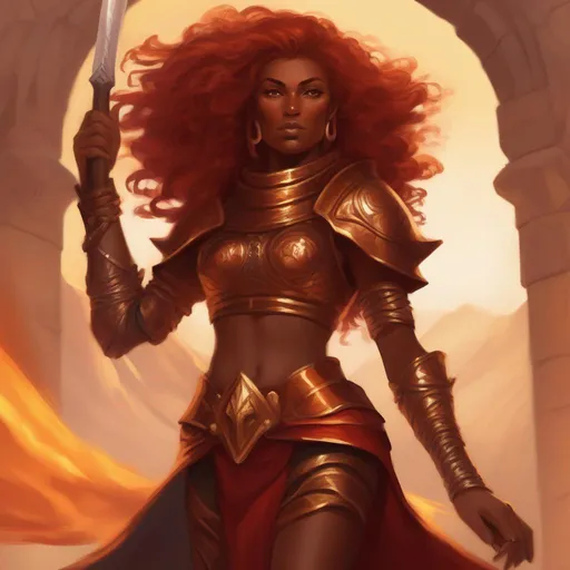 Prompt: dnd a dwarvern woman with red fiery flowing curly hair with dark tan skin wearing bronze armor sun goddess 