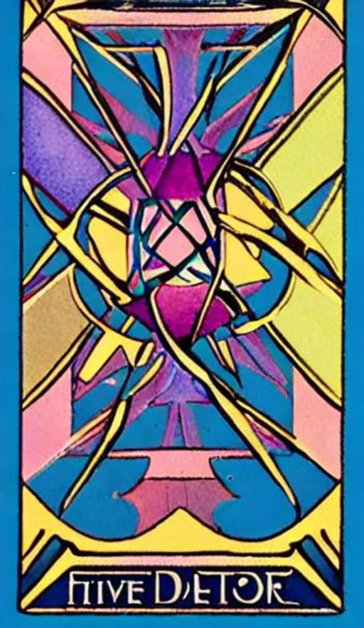 Prompt: Tarot "Five of Pentacles", jewel tones, art deco 


