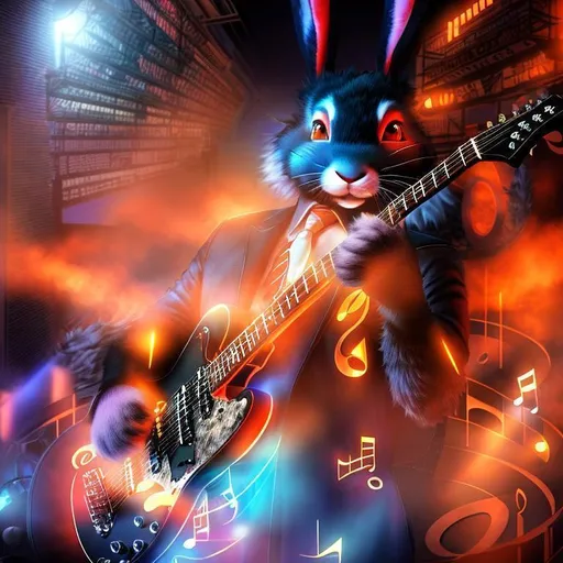 Prompt: Vivid, Dark, ominous, Brooding, 3D, HD, (Furry!! {man}Rabbit as guitarist, focus on perfect hands, focus on perfect fingers), musical notes, expansive spooky background, sunset, hyper realistic, 8K --s98500