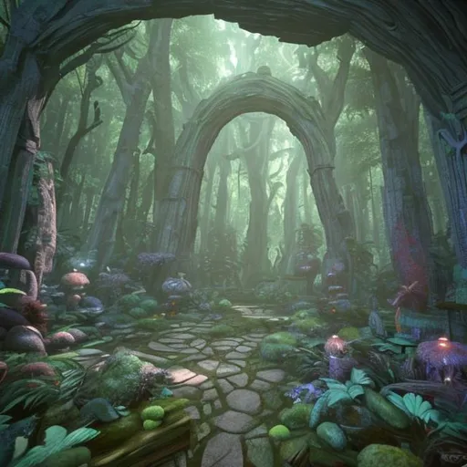 Prompt: dense forest with a center portal to another dimension, whimsical colors inside  