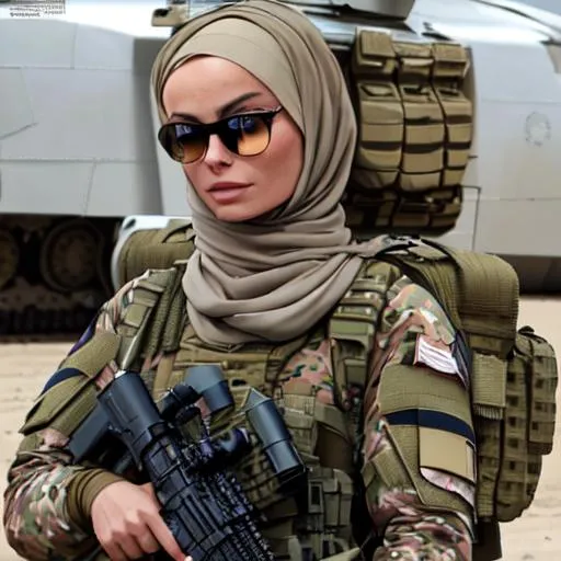 Prompt: margot robbie, military soldier, special forces, tactical, tan hijab, scifi

