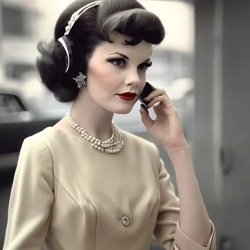 Prompt: Create fine tune image of a stylish woman in her early 60's, dressed in elegant vintage attire from the 1960s. She should be holding an iPhone to her ear and engaged in a phone conversation. The setting should evoke the ambiance of the early 1960s with retro elements such as vintage furniture and decor. The woman's expression should be cheerful and sophisticated, capturing the essence of the era while seamlessly incorporating the modern-day iPhone into the scene.