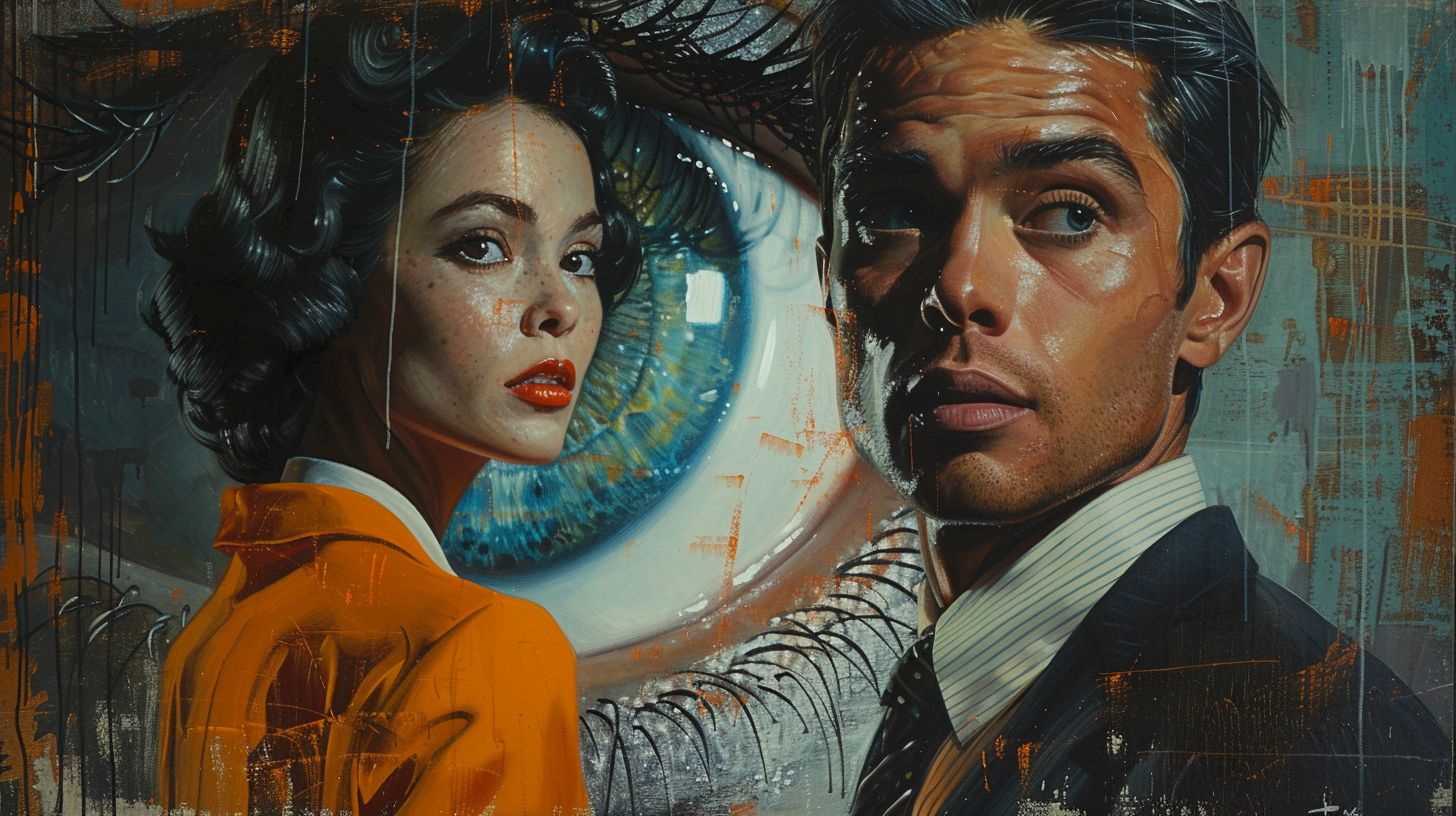 Prompt: a man and woman are staring at a tv screen with an eyeball in the background of the image, Edwin Georgi, pop surrealism, tristan eaton, a pop art painting