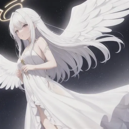 Prompt: Angel, decending, spread wings, long white hair, straight hair, pretty female, beautiful, white dress, flowy dress, best quality, high quality, 8k, high res, focus, full-body, low angle, halo