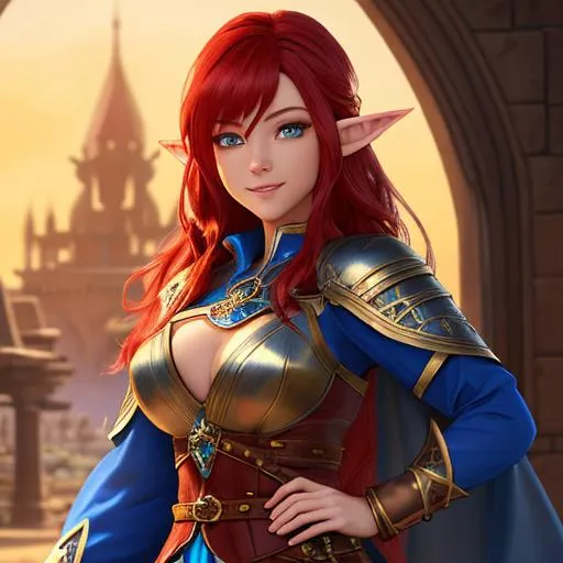 Prompt: oil painting, D&D fantasy, blue-skinned-elf girl, blue-skinned-female, slender, beautiful, short fiery red hair, wavy hair, smiling, pointed ears, looking at the viewer, cleric wearing intricate adventurer outfit, #3238, UHD, hd , 8k eyes, detailed face, big anime dreamy eyes, 8k eyes, intricate details, insanely detailed, masterpiece, cinematic lighting, 8k, complementary colors, golden ratio, octane render, volumetric lighting, unreal 5, artwork, concept art, cover, top model, light on hair colorful glamourous hyperdetailed medieval city background, intricate hyperdetailed breathtaking colorful glamorous scenic view landscape, ultra-fine details, hyper-focused, deep colors, dramatic lighting, ambient lighting god rays, flowers, garden | by sakimi chan, artgerm, wlop, pixiv, tumblr, instagram, deviantart