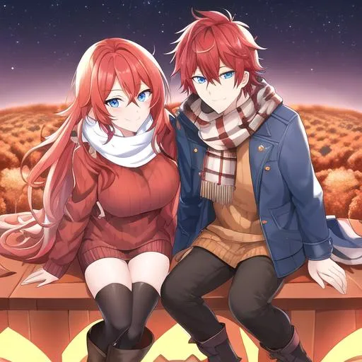 Prompt: Zerif 1male (Red side-swept hair covering his right eye, blue eyes), highly detailed face, 8K, UHD, wearing a cozy oversized sweater, ripped jeans, and boots, in the park, fall.  wearing a scarf, looking up at the sky, in a pumpkin patch,  young adult