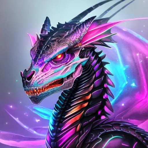 Prompt: Watercolor portrait of a roaring neon skeleton dragon with iridescent black markings and a cute face, perfect composition, hyperrealistic, super detailed, 8k, high quality, trending art, trending on artstation, sharp focus, studio photo, intricate details, highly detailed