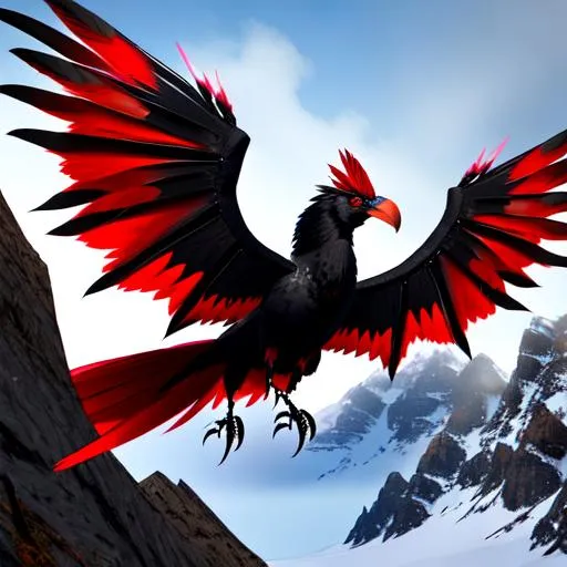 Prompt: A black and red Wyvern/Raven Hybrid in a mountain region. four red eyes, and giant feathery wings.