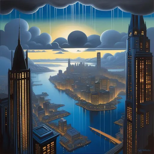 Prompt: Aerial view of Gotham City, islands, skyscrapers, rain, fog, dark blue atmosphere, cartoony style, extremely detailed painting by Greg Rutkowski and by Henry Justice Ford and by Steve Henderson