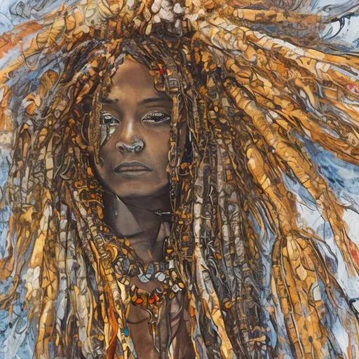 Prompt: Portrait of a beautiful black woman wearing dreads and a black leather jacket 