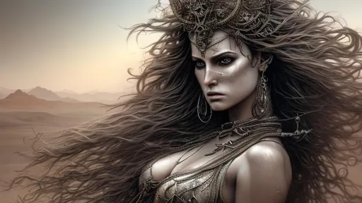 Prompt: goddess of the desert hyper realistic extremely detailed dark cinematic UHD in the style of Luis Royo 