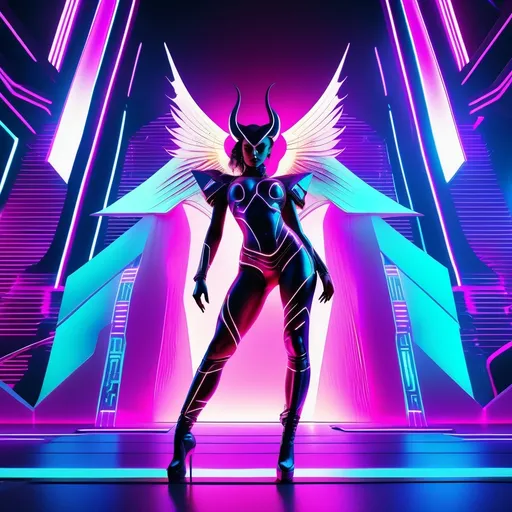 Prompt: a beautiful female demon in a dynamic pose in a retro futuristic synthwave cyberpunk neon paradise.  neon lighting, high quality, beautiful, masterpiece, artistic, synthwave, cyber, retro, futuristic