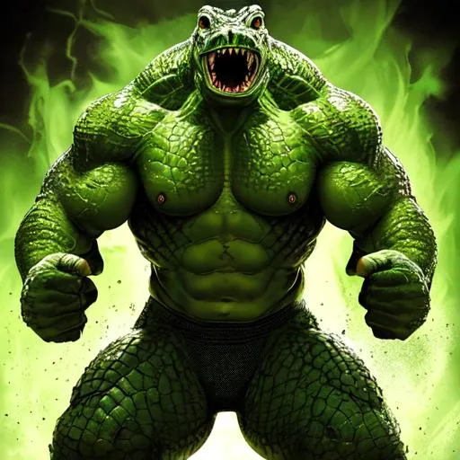Prompt: reptilian crocodile incredible-hulk combined with brock-lesnar green saltwater scaled skinned yellow eyes with long tail full body portrait standing pose for fighting wearing mma gloves