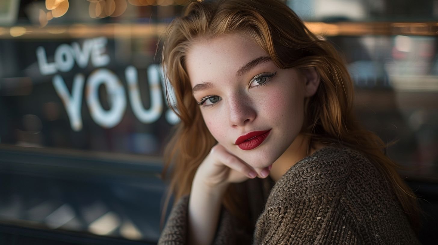 Prompt: High-end teen supermodel gazing at me, writing "LOVE YOU!" with red lipstick on my lens