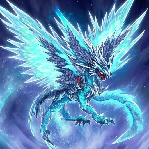 Prompt: "Design a Yu-Gi-Oh! card named 'Frostwing Wyvern.' This card is an Ice Attribute Dragon-type monster with a focus on icy powers and flight. The Wyvern should have a majestic and fearsome appearance, covered in glistening ice crystals and featuring large, powerful wings. Its attack should be depicted in the artwork, showing it unleashing a freezing breath or ice-based attack on its foes. The background should convey a wintry scene with snow-capped mountains or an icy landscape, enhancing the card's chilling theme. Be creative with the design and color palette, making sure to capture the essence of both the dragon's icy nature and its prowess in battle."