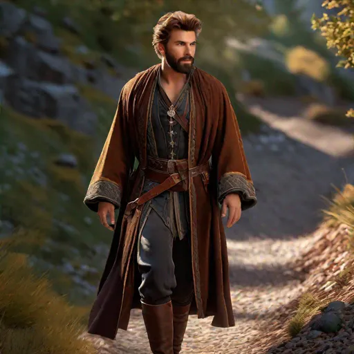 Prompt: D&D mage,  chestnut hair,  walking down a trail, highly detailed, professional, render, Sharp focus, HD, UHD, HDR, hyper realistic, beardless